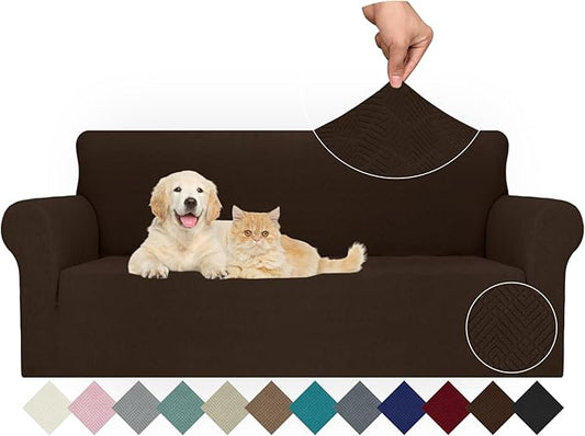 JIVINER Stretch Sofa Covers 1 Piece Couch Covers for 3 Cushion Couch Sofa, 3 Seater Sofa Slipcovers Furniture Protector with Elastic Bottom for Kids, Pets (Large, Coffee Rhomb)