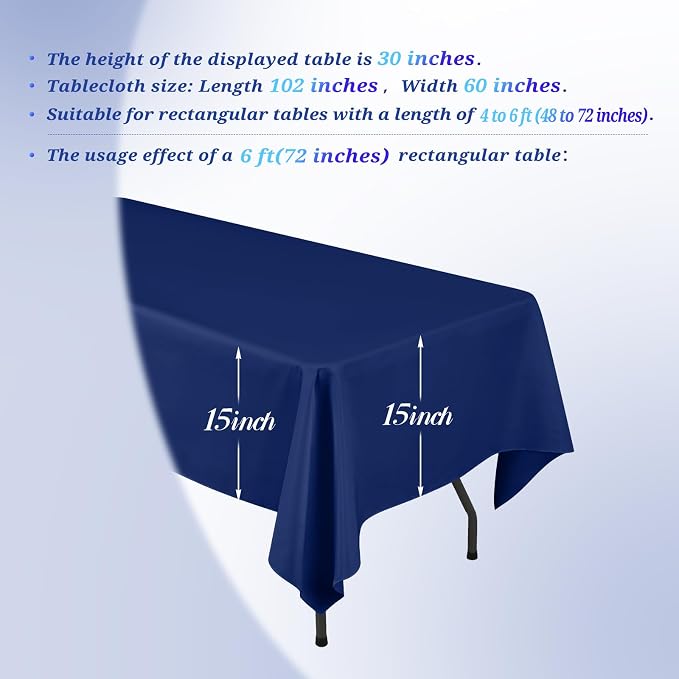 Teruntrue 12 Packs Navy Blue Tablecloths 60x102 inch Rectangle Table Cloth for 6 Foot Rectangle Tables, Washable Polyester Fabric for Wedding Parties Banquet Holiday Dinner Table Decorative, Navy Blue