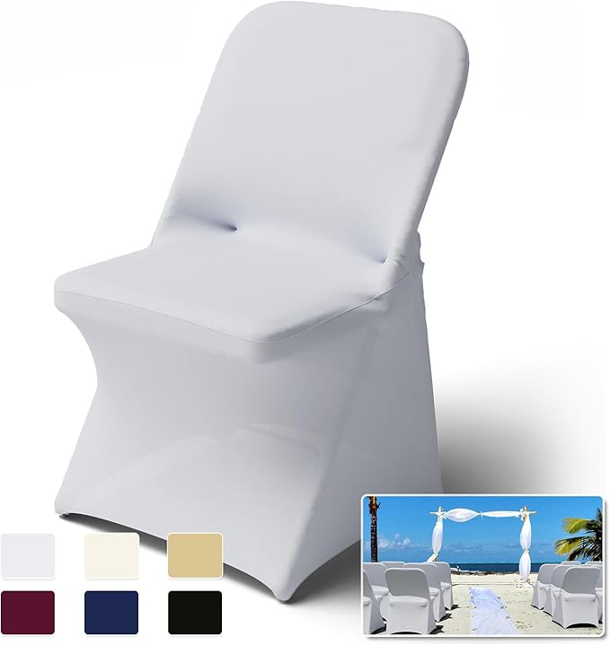 Trlyc Spandex Folding Chair Covers 50 Pcs Universal Fitted Stretchy Dining Chair Slipcovers for Wedding Party Banquet Flat-Front Chairs Cover (White)