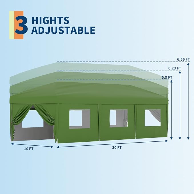 10x30 Pop Up Canopy - Heavy Duty Outdoor Canopy Tent with Portable Roller Bag - 3 Adjustable Height, 4 Weight Bags, 8 Stakes & 6 Guy Ropes Included, Green
