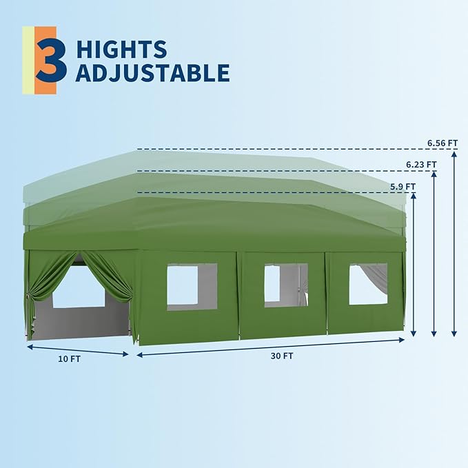 Garvee 10x30FT Pop Up Canopy with Sidewalls, Outdoor Canopy Tent with SandBag & Carry Bag for Commercial Events, Camping, Backyard Parties, Green