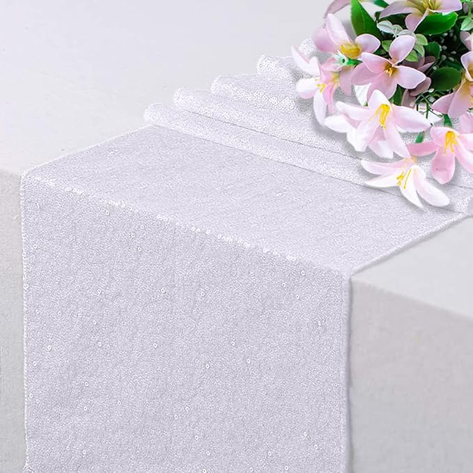 White Sequin Table Runner - 12"x108", 6 Pack Glitter Table Runner for Graduation, Baby, Bridal Shower, Wedding, Birthday, Party, Christmas