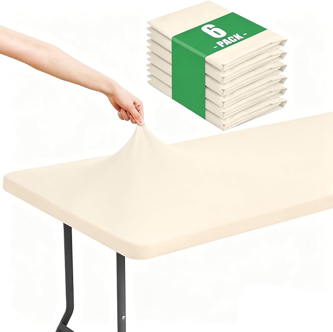 Moosfor Spandex 6 Foot Rectangle Table Cloth 6 Pack, Elastic Fitted Tablecloths for Picnic, Stretch Washable Patio Table Cover for Outdoor, Camping, Banquet and Parties (Champagne, 30"x72")