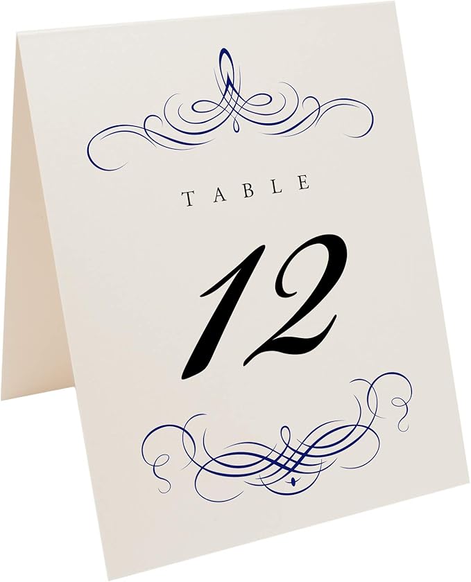 Decadent Flourish Wedding Table Numbers (Select Color/Quantity), Champagne, Navy, 1-90, Double Sided, Tent or Use in a Stand, Great for Parties & Restaurants - Made in the USA