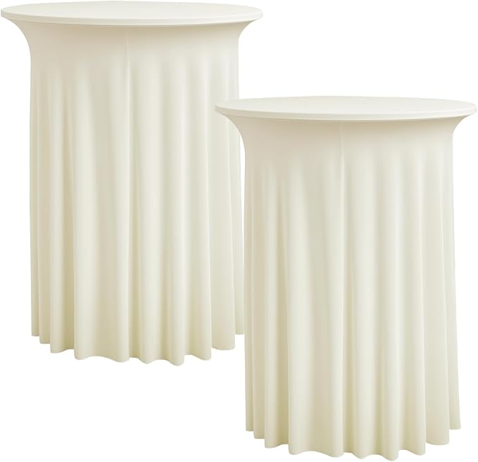 2 pk Ivory Cocktail Table Cloth Round 36×43in—-High Top Highboy Bar Cocktail Tablecloths-Wrinkle Free Stretchy Fitted Spandex Table Covers with Ruffle Desk Skirt for Wedding Banquet Party Tables