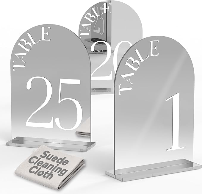 Mirror Arched Wedding Table Numbers 1-25 with Stands, 5"x7" Double-sided Letter, Acrylic Wedding Signs Centerpiece Decoration for Wedding Reception Party (Silver, Table Numbers 1-25)