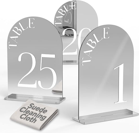 Mirror Arched Wedding Table Numbers 1-25 with Stands, 5"x7" Double-sided Letter, Acrylic Wedding Signs Centerpiece Decoration for Wedding Reception Party (Silver, Table Numbers 1-25)