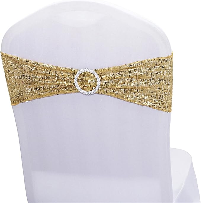 10 PCS Stretch Sequin Chair Sashes Chair Stretchy Spandex Bands for Wedding Reception Events Banquets Chairs Decoration (Gold)