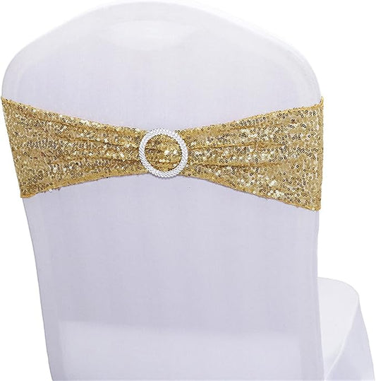 10 PCS Stretch Sequin Chair Sashes Chair Stretchy Spandex Bands for Wedding Reception Events Banquets Chairs Decoration (Gold)