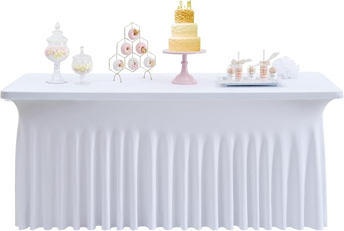 White Spandex Table Cloth for 6 Foot Rectangle Tables, 1 Pack Wrinkle Free Fitted Table Cover 6ft Tablecloth Stretchy Table Skirt for Parties Weddings Banquet Birthday Baby Shower