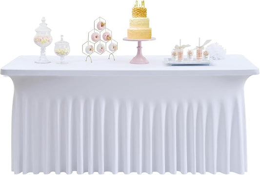 White Spandex Table Cloth for 6 Foot Rectangle Tables, 1 Pack Wrinkle Free Fitted Table Cover 6ft Tablecloth Stretchy Table Skirt for Parties Weddings Banquet Birthday Baby Shower