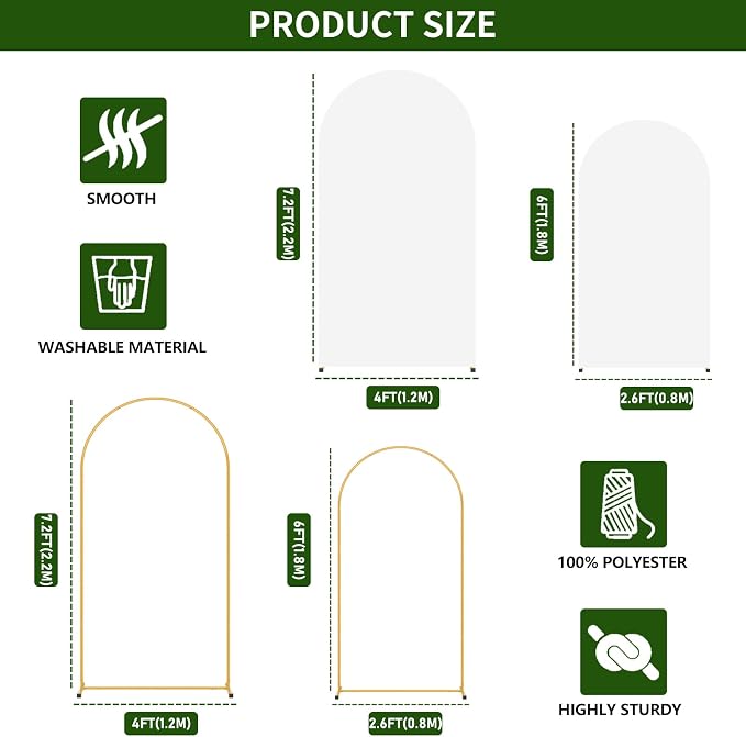 2 Pack Arch Backdrop Stand and Cover Set (7.2FT/6FT), Balloon Arch Stand, Metal Background Arch Stand, Backdrop Arch Frame, Wedding Arch for Backdrop (White Cover)