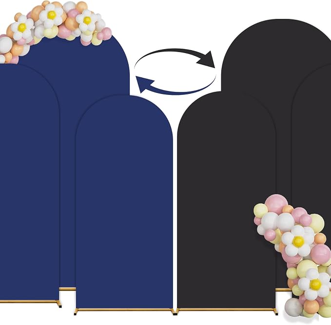 Double Color Set of 3 Arch Backdrop Cover,Spandex Fitted Wedding Arch Cover,Round Top Arch Backdrop Stands Cover for Birthday, Party, Baby Shower Decorations (4ft/5ft/6ft Black+Blue)