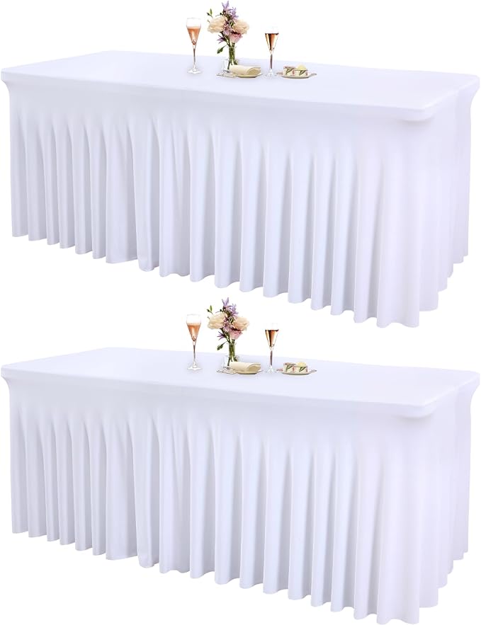 2 Packs White Spandex Tableclothes for 6 Foot Rectangle Tables, Wrinkle Free 6ft Fitted Table Cover Stretch Table Cloth Desk Skirt for Weddings Baby Shower Birthday Party Banquet Decorations