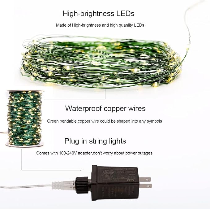 2 Pack Green Wire Fairy Lights Plug in 100Ft 300 LED Warm White Twinkle Lights LED String Lights with Remote for Christmas Tree Bedroom Living Room Wall Patio Party Decoration