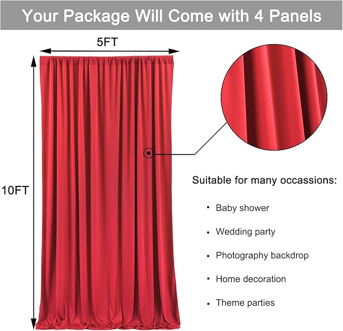 20ft x 10ft Wrinkle Free Red Backdrop Curtains for Parties, 4 Panels 5x10ft Silky Polyester Photo Backdrop Drapes for Birthday Wedding Christmas Party Photography Background Stand