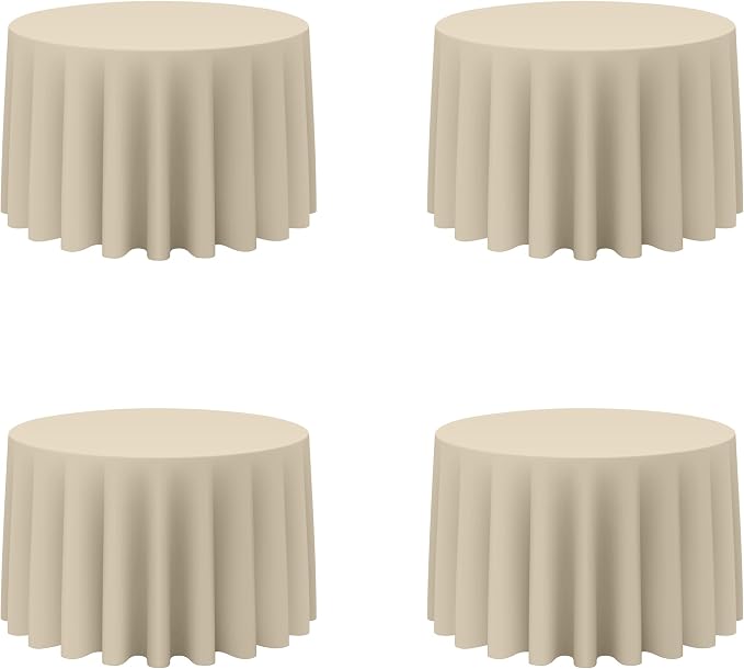 BRILLMAX 4 Pack Beige Round Tablecloths 108 Inch for 48” Tables - 150 GSM Polyester Fabric, Floor Length Drop, Water, Stain & Wrinkle Resistant Cloth Cover for Wedding Reception Banquet Dining