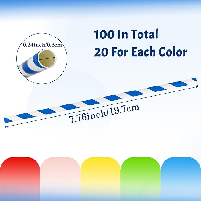 100PCS Biodegradable Paper Straws Bulk, Assorted Rainbow Colors Striped Drinking Straws for Juice, shakes, Cocktail, Coffee,Soda, Milkshakes, Smoothies,Celebration Parties and Arts Crafts Projects