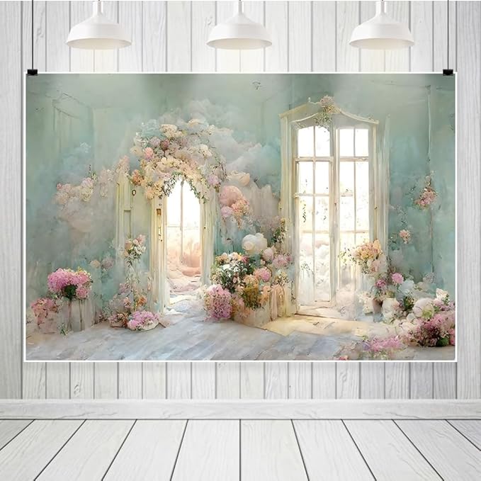 Leowefowa European Style Oil Painting Backdrop for Photography 15x8ft Vinyl Flowers Arched Door French Window Photo Background Birthday Wedding Party Banner Home Decorations Photo Studio Props