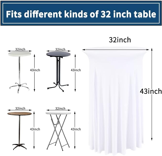 6 Packs Round Cocktail Table Skirt 32"x 43" Spandex Stretch Cocktail Tablecloth with Wavy Drapes, White Spandex Fitted High Top Table Covers for Wedding Bar Party Birthday Banquet Tables