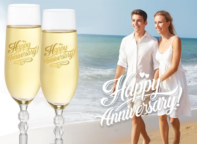 Happy Anniversary Decorations Gifts for Couple. Classical Style Happy Wedding Anniversary Champagne Flutes Glasses for Anniversaries of Any Year, Gifts for Men, Women, Husband, Wife