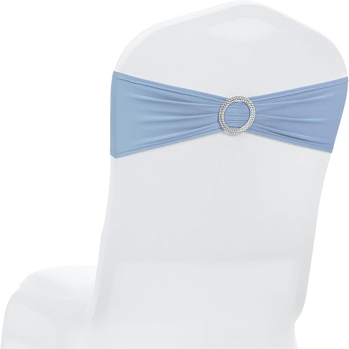 MDS Pack of 10 Spandex Chair Sashes Bow Premium Stretch Chair Cover Band with Buckle Slider Universal fits Elastic Dining Chair Ties for Wedding Party Banquet Events Decoration - Baby Blue