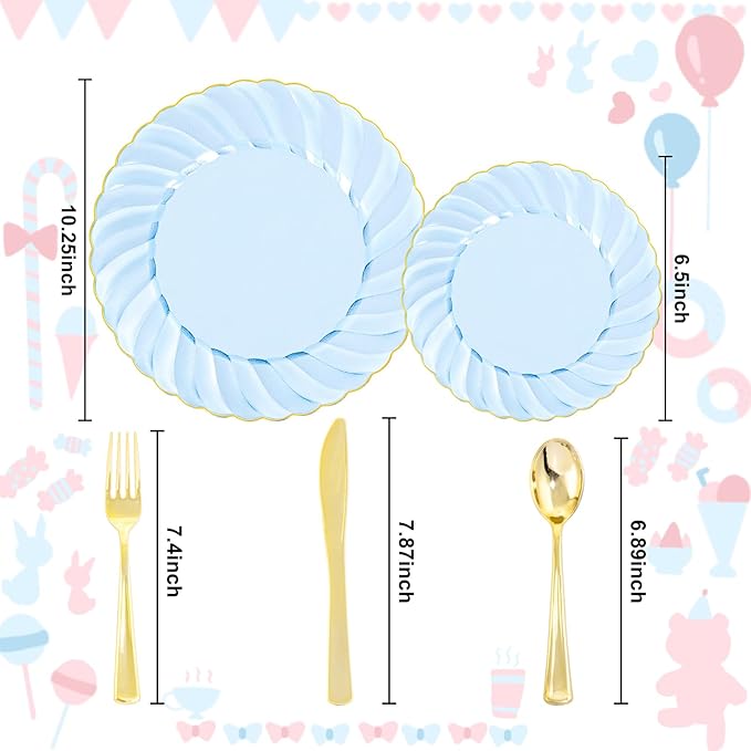 YOUBET 125PCS Clear Blue Gold Plastic Plates - Blue Disposable Plates With Gold Rim Include 25 Dinner Plates 25 Dessert Plates 75 Golden Silverwares for Wedding Birthday & Parties
