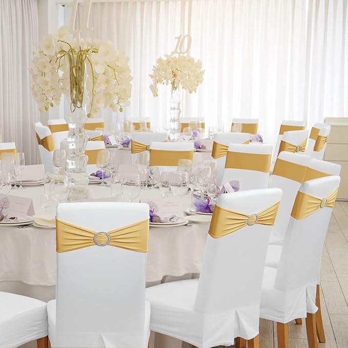 Babenest Spandex Chair Sashes Bows 50PCS Premium Stretch Chair Cover Band with Buckle Slider Universal Elastic Chair Ties for Wedding Party Easter Ceremony Reception Banquet Decoration (Gold)