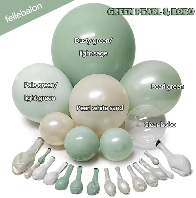 Dusty Green Balloon Arch Kit Double Stuffed,Pearl Light Sage Green White Sand Beige Balloon Garland with Clear Bobo for Bridal Birthday Wedding Baby Shower Graduation Party Decoration