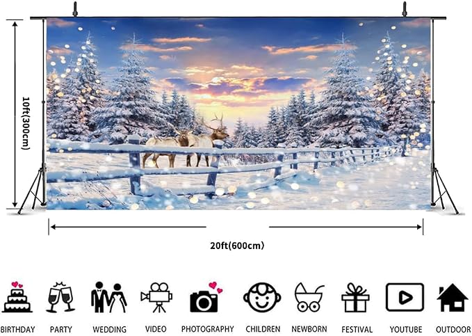 Winter Wonderland Christmas Backdrop 20x10ft for Photography Forest Reindeer Snow Winter Scene Backdrop for Pictures Christmas Party Holiday Background Decorations Photo Booth
