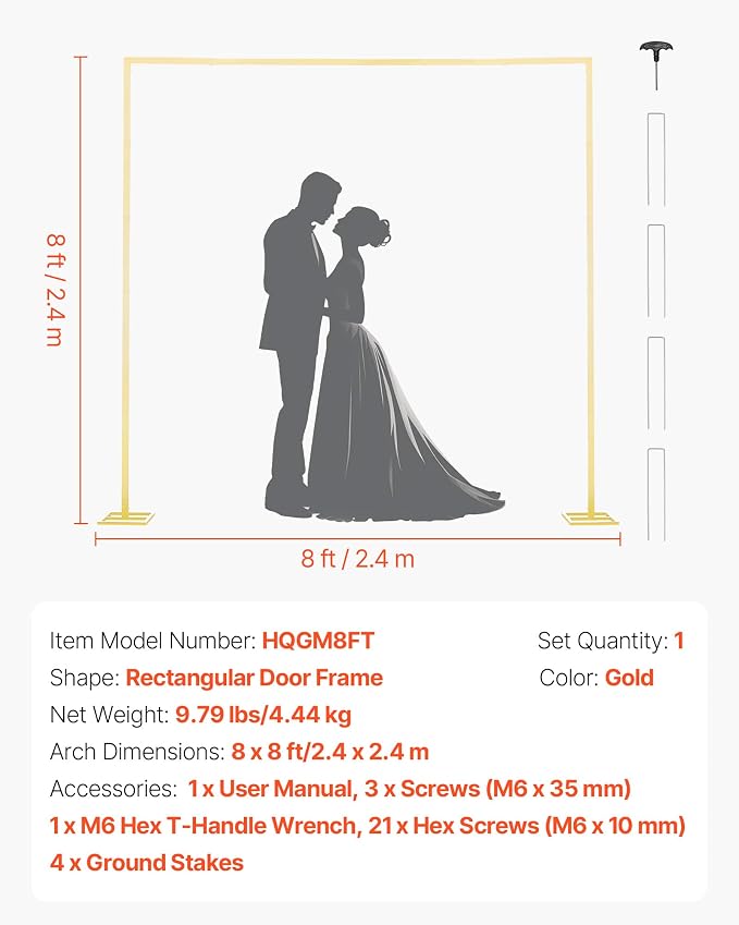 VEVOR Arch Backdrop Stand, 8 x 8 ft, Stable Structure, Easy Assembly, Square Gold Metal Arch Backdrop Stand for Wedding, Birthday Party, Graduation, Holiday Celebration, and Ceremony Decoration