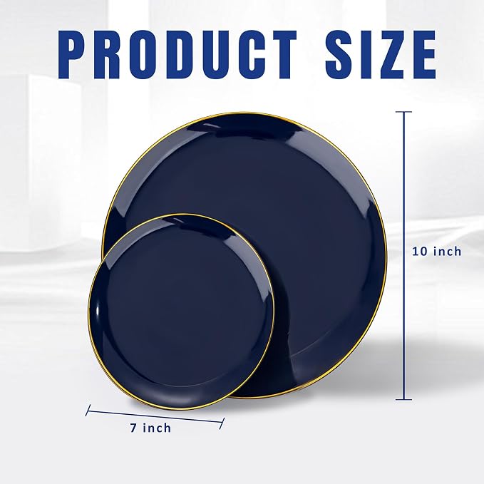 bUCLA 100PCS Blue Plastic Plates - Navy Blue Disposable with Gold Rim, Include 50 Each (10 inch Dinner & 7 inch Dessert) Plates, Ideal for Party & 4th of July