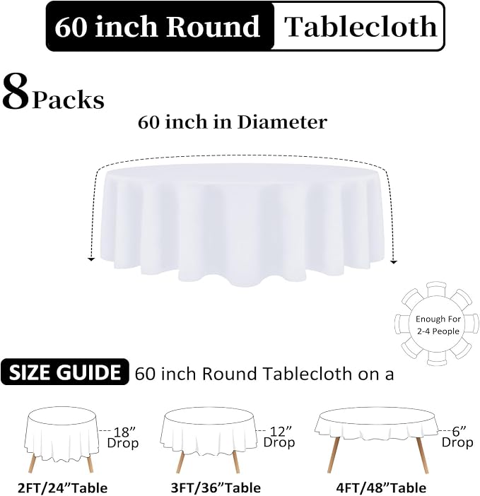 8 Pack White Round Tablecloth 60 Inch White Table Cloth (Fits 20-48 Inch Tables) Stain and Wrinkle Resistant Reusable and Washable Polyester Fabric for Buffet Wedding Party and Banquet