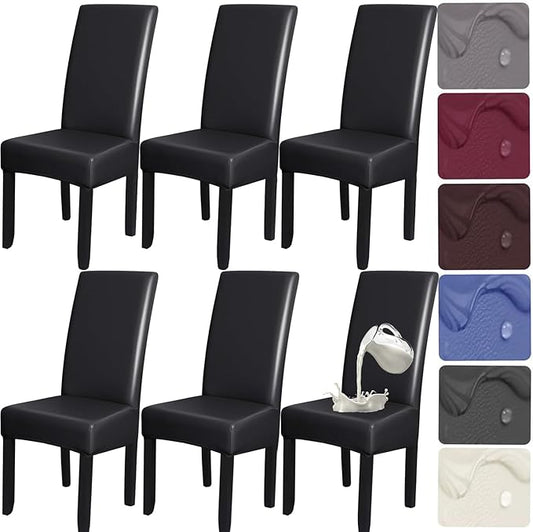 HFCNMY Dining Room Chair Covers Set of 6,Stretch Waterproof PU Black Chair Covers,Soft Chair Covers for Dining Room 6 Pack Dining Chair Covers Slipcover Washable Parson Chair Covers Black