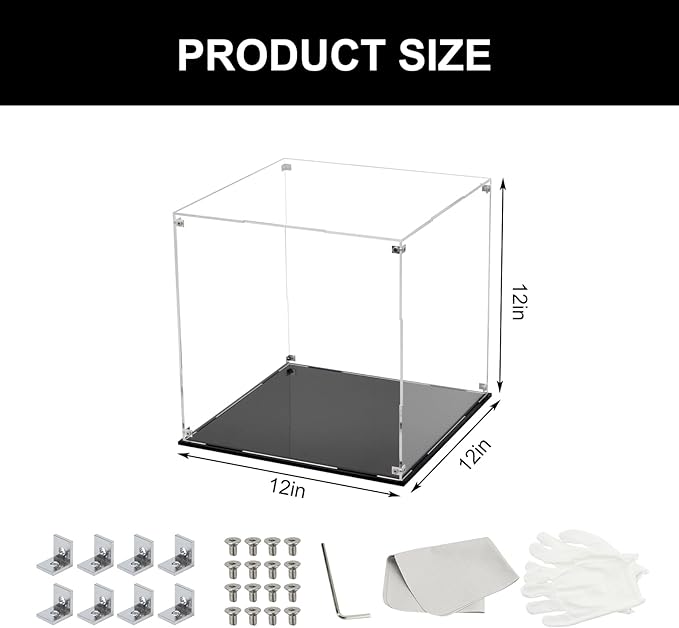 12 Inch Clear Acrylic Case for Display, Cube Clear Display Acrylic Box for Collectibles, Alternative Glass Case with Black Base for Display Figures Home Storage Organizing Toys Arts Showcase