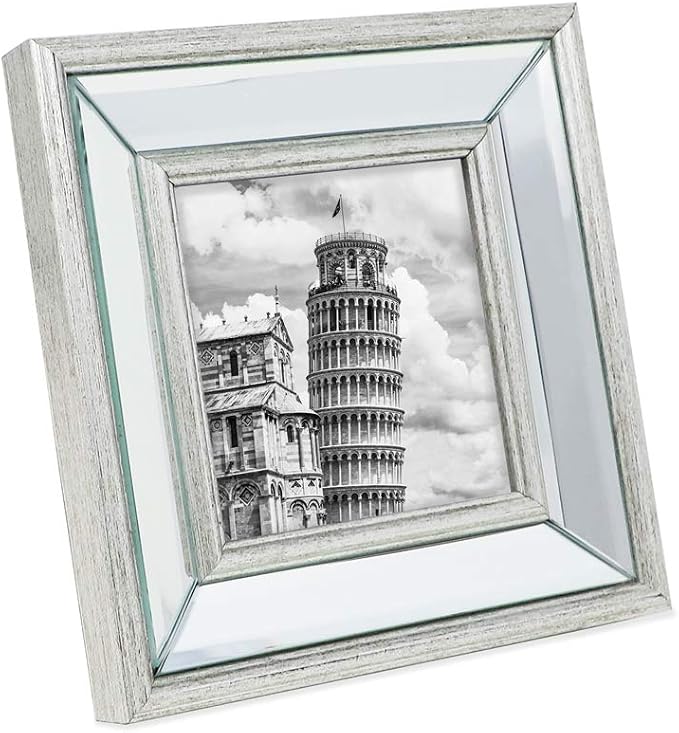 Isaac Jacobs 4x4 Silver Beveled Mirror Picture Frame - Classic Mirrored Frame with Slight Slanted Angle Made for Wall Décor Display, Tabletop, Photo Gallery and Wall Art (4x4, Silver)