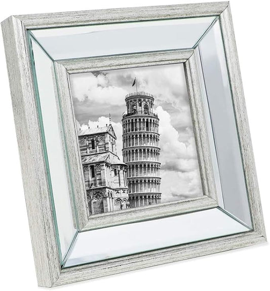 Isaac Jacobs 4x4 Silver Beveled Mirror Picture Frame - Classic Mirrored Frame with Slight Slanted Angle Made for Wall Décor Display, Tabletop, Photo Gallery and Wall Art (4x4, Silver)