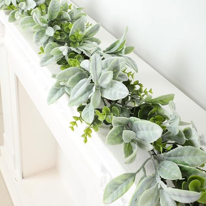 2 pcs Spring Garland 6Ft Artificial Eucalyptus and Lambs Ear Greenery Garland Flower Spring Summer Green Garlands Vines for Home Wedding Table Mantel Decoration