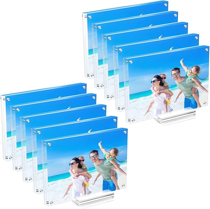 10 Pack Acrylic Picture Frame 5×7 Clear Double Sided Magnetic Photo Frame - Frameless Baby Friend Family Picture Desktop Display with Support Stand and Gift Boxes