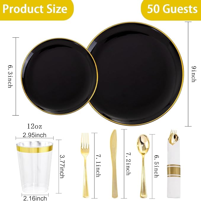 KIRE 350 PCS Plastic Dinnerware Set for 50 Guests - Black and Gold Plates 50 for Dinner 50 for Dessert & 50 Pre Rolled Napkins with Disposable Silverware 50 Cups for Graduation/Banquet/Wedding