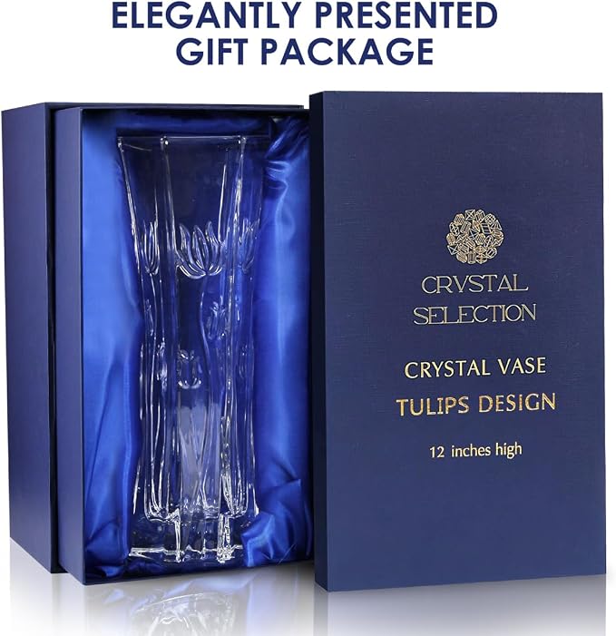 CS Crystal Vase 12-inch high, Tulip Design, for Flowers & Decor. Lovely Nice Shiny Piece. Perfect as a Gift, Suitable for All Occasions.