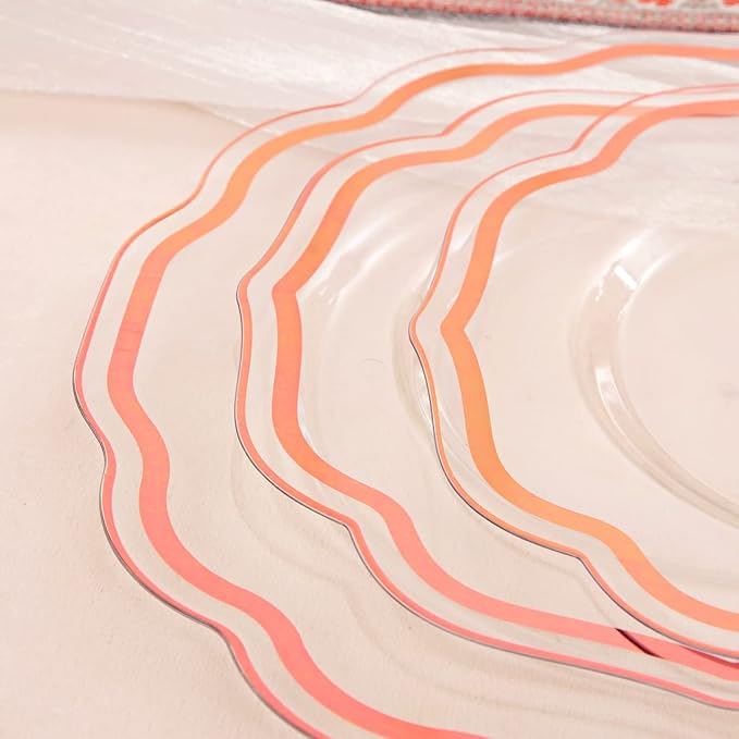 NOCCUR 150PCS Rose Gold Plastic Plates&Rose Gold Silverware-Include 30Dinner Plates, 30Salad plates, 90 Disposable Rose Gold Utensils- Ideal for Weddings/Party/Mother's Day