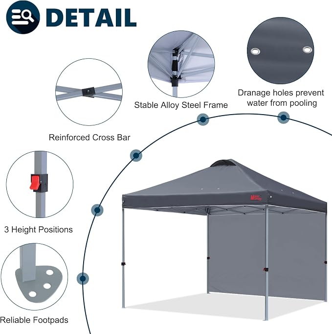 MASTERCANOPY 10x10 Pop Up Canopy Tent with 1 Sidewall, 1 Person Setup Instant Shelter, Outdoor Portable Beach Canopy, 1 Roller Bag, 4 Sandbags, 4 Ropes, 8 Stakes (10x10, Dark Gray)