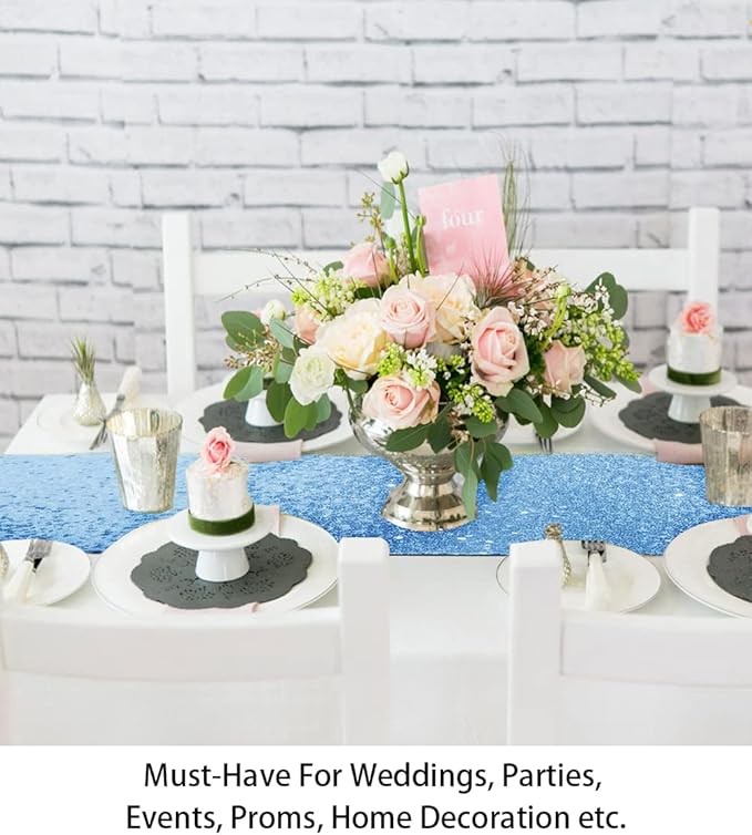 ShinyBeauty Blue Table Runners 12x108-Inches Pack of 10 Home Kitchen Sequin Table Runner Wedding Graduation Party Supplies Glitter Fabric Linen Birthday Baby Shower Outdoor Decor