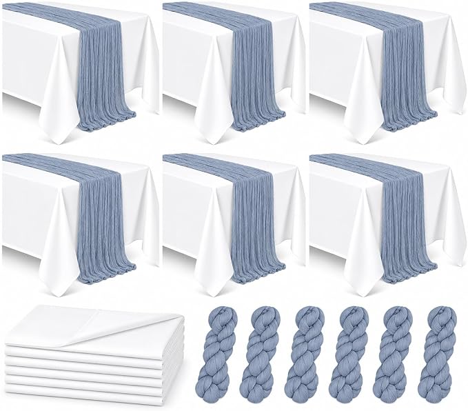 Cinrobiye 12 Pack Boho Wedding Table Decor Set, 6 White Tablecloths and 6 Cheesecloth Table Runners, Gauze Table Runner and Tablecloth Kit for Wedding Baby Shower Bridal Shower Party Reception(Blue)