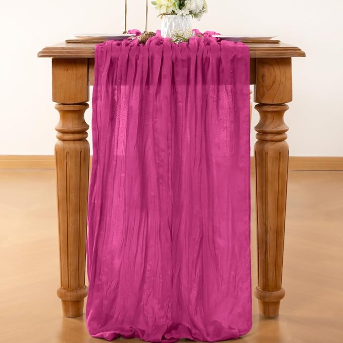 LINXTAR Fuschia Cheesecloth Table Runner 120 Inches 10Ft Gauze Summer Boho Table Runner for Wedding Tea Party Baby Shower Bridal Birthday Home Decoration
