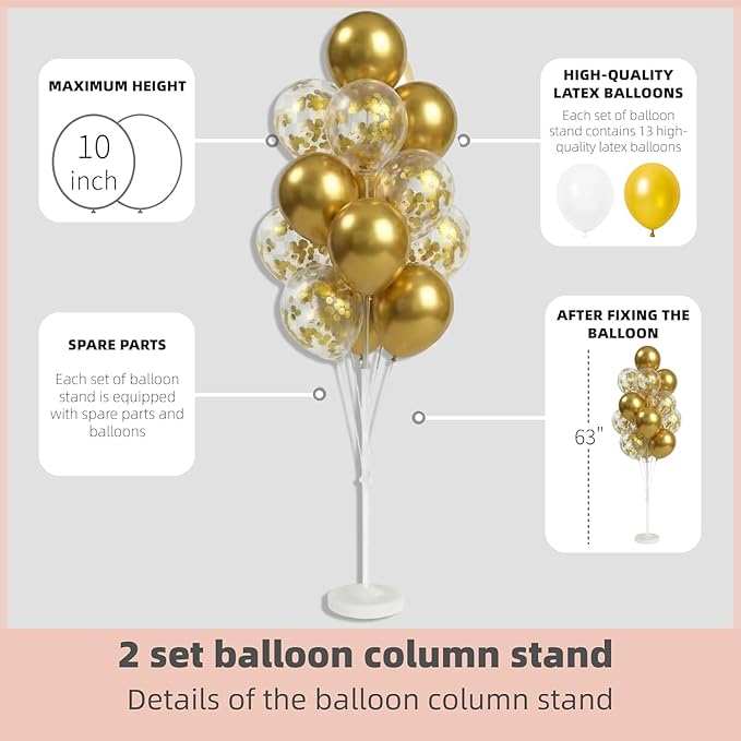 Balloon Column Kit Set of 2 With Confetti Balloons Included - Balloon Tower with Stand, Base, and Pole,Backdrop Decoration for Wedding, Baby Shower, Birthday Party, or Bachelorette Parties (Gold)