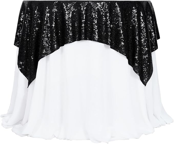 Poise3EHome Black Sequin Tablecloth 50×50 Inch Square Sparkly Fabric Table Cover Overlay for Birthday Halloween Party Holiday Baby Shower Decoration