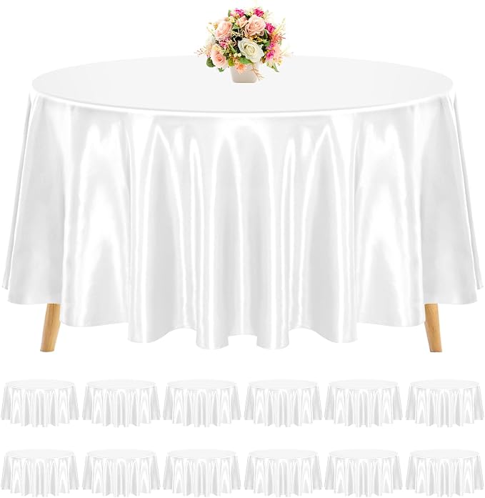 12 Pack 120 Inch Round Satin Tablecloth, White, Wrinkle & Stain Resistant, Perfect for Weddings & Fine Dining