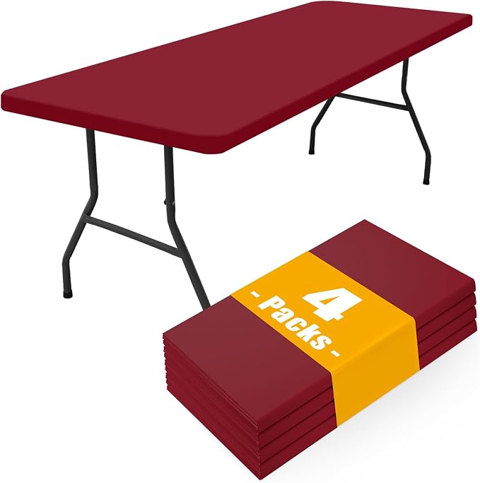 Smiry 4 Pack Rectangle Picnic Table Cloth, Waterproof Elastic Fitted Tablecloths, Washable Polyester Rectangular Patio Table Cover for Camping, Indoor and Outdoor (Wine Red, 30"x72")